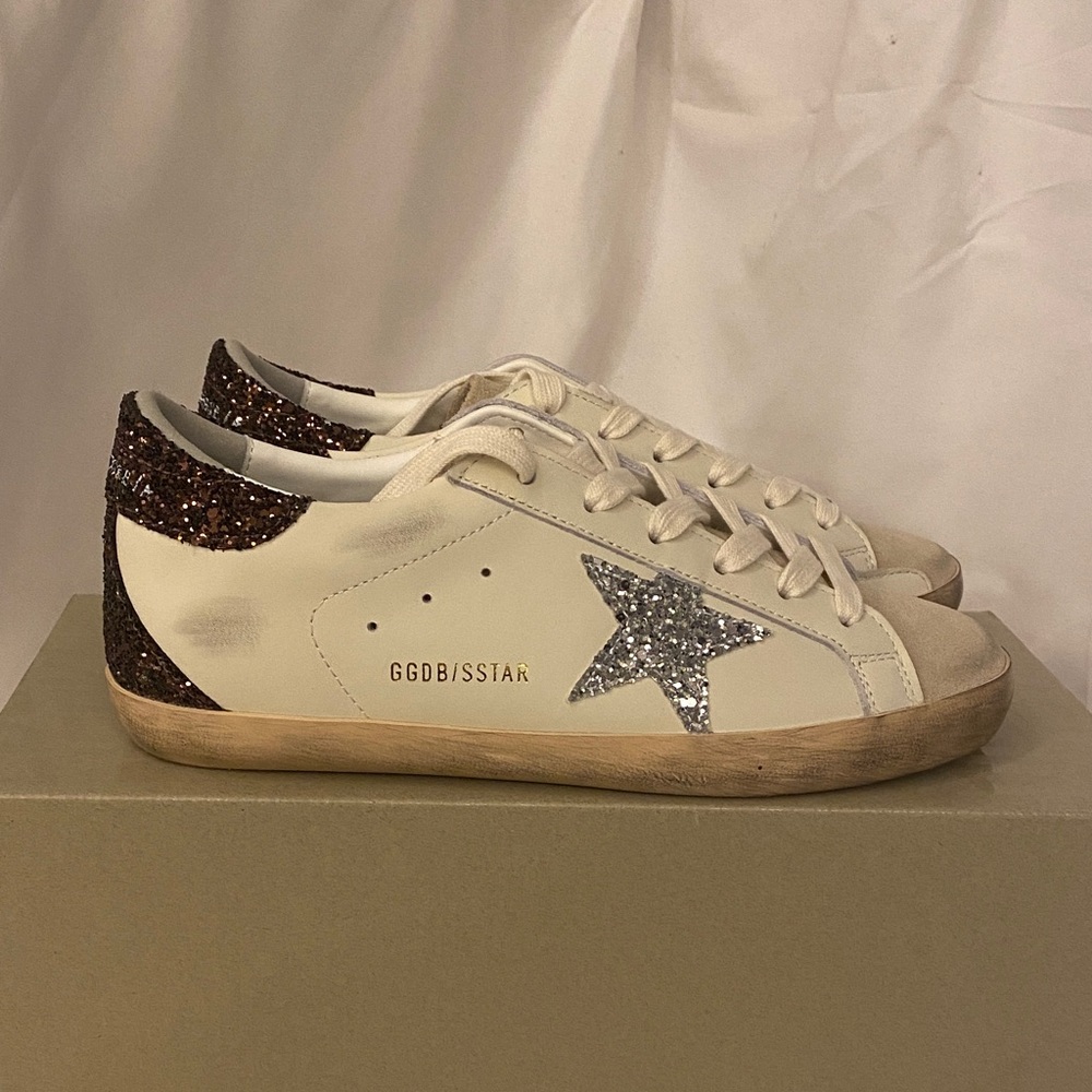 Golden Goose Cream Sneakers with Brown Glitter and Silver Star
